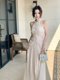 Elegant Mermaid Halter Pink Chiffon With Pleated Sleeveless Long Prom Dresses 16th Nigh Party Birthday Outfits HZ0311