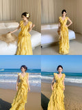 Elegant A line V Neckline Chiffon Yellow Layered Prom Dresses Long 16th Nigh Party Birthday Outfits HZ0311