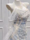 Modest Mermaid Off The Shoulder Tulle Blue With Pearls Prom Dresses Inspiration Long Party Evening Dress 21st Birthday Outfits HZ0311