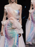 Modest Mermaid Strapless Lilac Sequins Prom Dresses Inspiration Long Party Evening Dress 19th Birthday Outfits HZ0311
