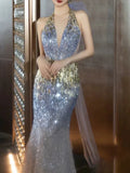 Modest Mermaid Halter Sequins Prom Dresses Inspiration Long Party Evening Dress 19th Birthday Outfits HZ0311