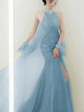 Modest Mermaid High Neck Tulle Blue With Split Prom Dresses Inspiration Long Party Evening Dress 19th Birthday Outfits HZ0311