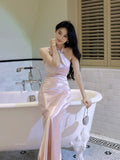 Chic Sheath Halter Pink Satin Ankle Length Prom Dresses Aesthetic Graduation 18th Birthday Outfits HZ0311