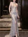 Modest Mermaid High Neck Sequins With High Split Prom Dresses Inspiration Long Party Evening Dress 21st Birthday Outfits HZ0311