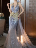 Modest Mermaid Halter Sequins Prom Dresses Inspiration Long Party Evening Dress 19th Birthday Outfits HZ0311