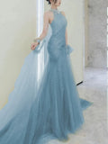 Modest Mermaid High Neck Tulle Blue With Split Prom Dresses Inspiration Long Party Evening Dress 19th Birthday Outfits HZ0311
