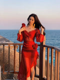 Modest Mermaid Sweetheart Red Satin Long Sleeves Prom Dresses Wedding Guest Dress 16th Birthday Outfits HZ0311