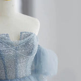 Modest Ball Gown Off The Shoulder Dusty Blue Tulle Prom Dresses Inspiration Long Party Night Evening Dress 20th Birthday Outfits HZ0311