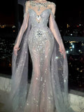 Sparkly Wedding Dresses Mermaid Scoop Neck With Long Sleeves Cape Silver Gray Sequins Brides Dress For Brides Fitted Bridal Gown HZ0311