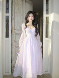 Modest A line Sweetheart Lilac Chiffon Ankle Length Long Sleeves Prom Dresses Wedding Guest Dress 20th Party Birthday Outfits HZ0311