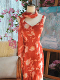 Vintage 1950s Mermaid V Neck Floral Chiffon With Scarf Prom Dresses Inspiration Long Party Evening Dress 18th Birthday Outfits HZ0311