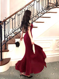 Modest Mermaid Spaghetti Straps Burgundy Long Prom Dresses Wedding Guest Dress 20th Birthday Outfits HZ0311