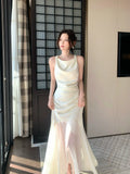 Elegant Mermaid Cowl Neck Satin Ankle Length Satin Prom Dresses Long 16th Nigh Party Birthday Outfits HZ0311