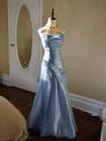 Vintage Mermaid Strapless Blue Long Prom Dresses With Pleated Inspiration Party Night Evening Dress 18th Birthday Outfits HZ0311