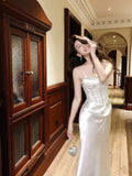 Elegant Mermaid Spaghetti Strap White Satin Long Pleated Prom Dress Aesthetic Graduation Evening Outfits HZ0311
