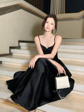 Modest A line Spaghetti Straps Black Satin Prom Dresses Wedding Guest Dress 16th Party Birthday Outfits HZ0311