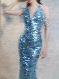 Modest Mermaid V Neck Blue Sequins Prom Dresses Inspiration Long Party Night Evening Dress 20th Birthday Outfits HZ0311
