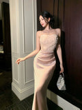 Sexy Mermaid Spaghetti Straps Pink Satin Prom Dresses Wedding Guest Dress 20th Birthday Outfits HZ0311