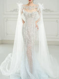 Luxurious Mermaid Scoop Evening Dress Sequins Prom Dress With Cape Long Party Dresses 19th Birthday Outfits HZ0311