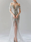 Vintage Silver Gray Mermaid Evening Dress Off The Shoulder Beaded Prom Dress Long Party Dress Birthday Outfits HZ0311