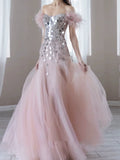 Elegant Mermaid Off The Shoulder Pink Tulle Prom Dresses Inspiration Long Party Evening Dress 19th Birthday Outfits HZ0311