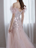 Elegant Mermaid Off The Shoulder Pink Tulle Prom Dresses Inspiration Long Party Evening Dress 19th Birthday Outfits HZ0311