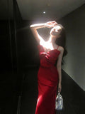 Elegant Mermaid Spaghetti Straps Red Satin Ankle Length Prom Dresses 17th Nigh Party Birthday Outfits HZ0311