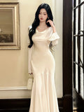 Chic Mermaid Cowl Neck White Satin Ankle Length Long Sleeves Prom Dresses Wedding Guest Dress 20th Birthday Outfits HZ0311