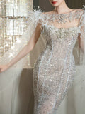 Luxurious Mermaid Scoop Evening Dress Sequins Prom Dress With Cape Long Party Dresses 19th Birthday Outfits HZ0311
