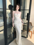 Modest Mermaid Spaghetti Straps Sequins Ivory Prom Dresses Wedding Guest Gown 16th Nigh Party Birthday Outfits HZ0311