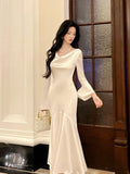 Chic Mermaid Cowl Neck White Satin Ankle Length Long Sleeves Prom Dresses Wedding Guest Dress 20th Birthday Outfits HZ0311