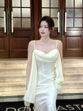 Sexy Mermaid Spaghetti Straps White Satin Ankle Length Prom Dresses Wedding Guest Dress 20th Birthday Outfits HZ0311