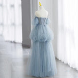 Modest Ball Gown Off The Shoulder Dusty Blue Tulle Prom Dresses Inspiration Long Party Night Evening Dress 20th Birthday Outfits HZ0311