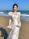 Elegant Mermaid Square Neck Floral Chiffon Blue Long Sleeves Prom Dresses 16th Nigh Party Birthday Outfits HZ0311