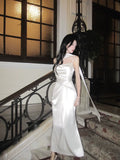 Modest A Line Spaghetti Straps Ivory Satin Long With Scarf Prom Dresses Wedding Guest Dress 16th Birthday Outfits HZ0311