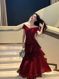 Elegant Mermaid Off The Shoulder Burgundy Long Prom Dresses 16th Nigh Party Birthday Outfits HZ0311