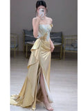 Modest Mermaid Strapless Gold With Slit Long Prom Dress Fashion Aesthetic High School Formal Dresses Party Outfits Prom Gown HZ0311