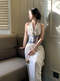 Modest A Line Halter Chiffon Slit Prom Dresses Wedding Guest Dress 20th Birthday Outfits HZ0311