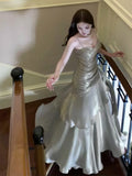 Modest Mermaid Spaghetti Straps Silver Ruffles Long Prom Dresses High School Teens Graduation Dance Dress 20th Birthday Outfits HZ0311