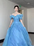 Princess Ball Gown Off The Shoulder Blue Prom Dresses Inspiration Long Party Night Gowns 20th Birthday Outfits HZ0311