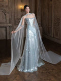 Sparkly Mermaid Strapless Light Sky Blue Sequins Prom Dresses Inspiration Long Party Night Evening Gowns 19th Birthday Outfits HZ0311