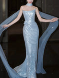 Modest Mermaid Strapless Sequins Blue With Scarf Prom Dresses Inspiration Long Party Evening Dress 21st Birthday Outfits HZ0311