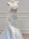 Modest Mermaid Off The Shoulder Tulle Blue With Pearls Prom Dresses Inspiration Long Party Evening Dress 21st Birthday Outfits HZ0311