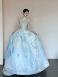 Unique Ball Gown Strapless Blue Prom Dresses Inspiration Long Party Night Gowns 20th Birthday Outfits HZ0311