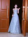 Beautiful Ball Gown Square Neck Blue Long Sequin Prom Dresses Party Dress 16th Birthday Outfits Graduation Dress HZ0311