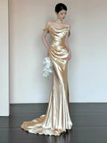 Unique Mermaid Off The Shoulder Gold Long Sleeves Prom Dresses Inspiration Party Night Gowns 20th Birthday Outfits HZ0311