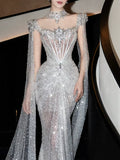 Luxurious Wedding Dresses Mermaid Scoop Neck Long Sleeves Silver Gray With Cape Sequins Brides Dress For Brides Fitted Bridal Gowns HZ0311