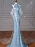 Modest Mermaid High Neck Blue Sequins Prom Dresses Inspiration Long Party Night Evening Dress 19th Birthday Outfits HZ0311