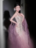Luxury Mermaid Strapless Pink Tulle With Tiered Train Prom Dresses Inspiration Long Party Night Gowns 20th Birthday Outfits HZ0311