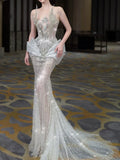 Modest Mermaid Scoop Neck Sequins With Beaded Silver Prom Dresses Inspiration Long Party Night Evening Dress 19th Birthday Outfits HZ0311
